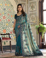 Teal Blue Fendy Satin Embroidered Saree with Ethnic Elephant Motifs & Zari Border | Designer Saree with Tassels & Heavy Embroidered Blouse