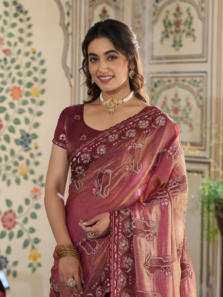 Wine Pink Fendy Satin Embroidered Saree with Ethnic Motifs & Zari Border | Designer Saree with Tassels & Heavy Embroidered Blouse