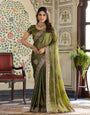 Olive Green Fendy Satin Embroidered Saree with Circular Motifs & Heavy Zari Border | Designer Saree with Tassels & Embroidered Blouse