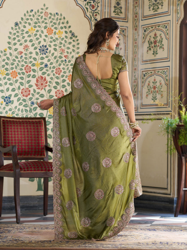 Olive Green Fendy Satin Embroidered Saree with Circular Motifs & Heavy Zari Border | Designer Saree with Tassels & Embroidered Blouse