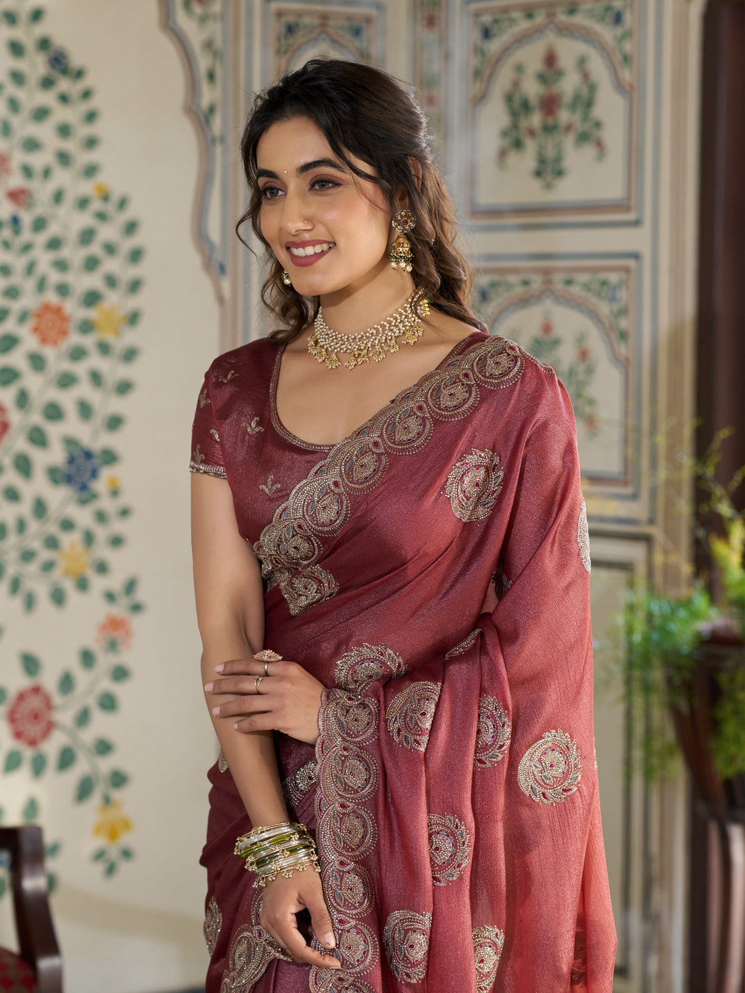 Rust Red Fendy Satin Embroidered Saree with Circular Motifs & Heavy Zari Border | Designer Saree with Tassels & Embroidered Blouse