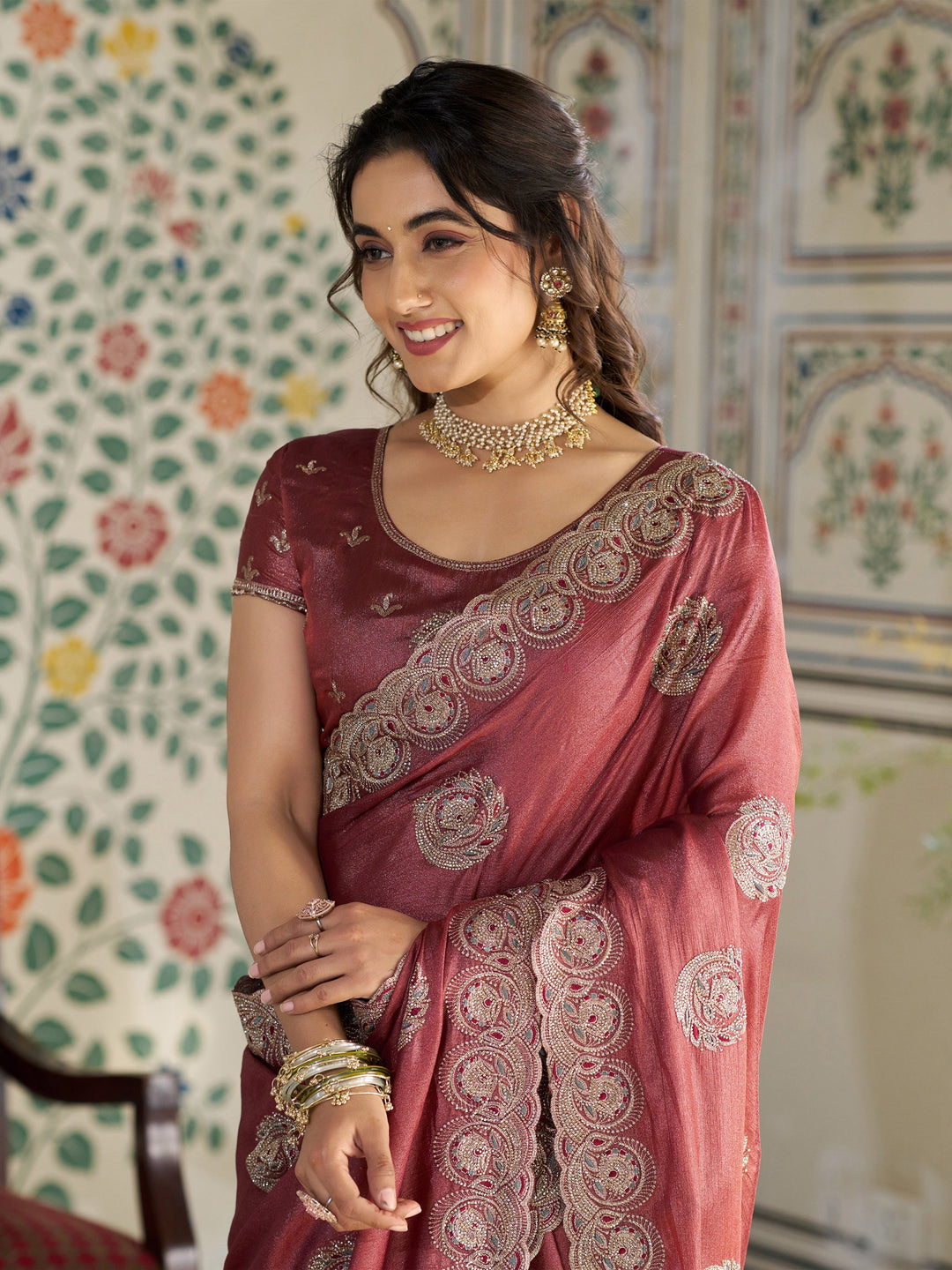 Rust Red Fendy Satin Embroidered Saree with Circular Motifs & Heavy Zari Border | Designer Saree with Tassels & Embroidered Blouse