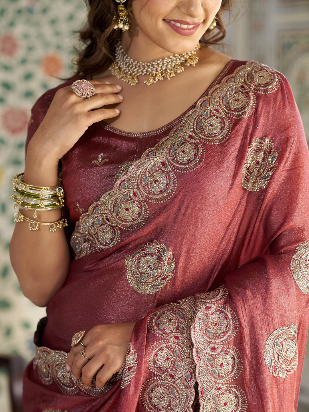 Rust Red Fendy Satin Embroidered Saree with Circular Motifs & Heavy Zari Border | Designer Saree with Tassels & Embroidered Blouse