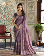 Dusty Mauve Fendy Satin Designer Saree with Zari Circular Motifs & Rich Embroidered Border | Elegant Party Wear Saree with Blouse