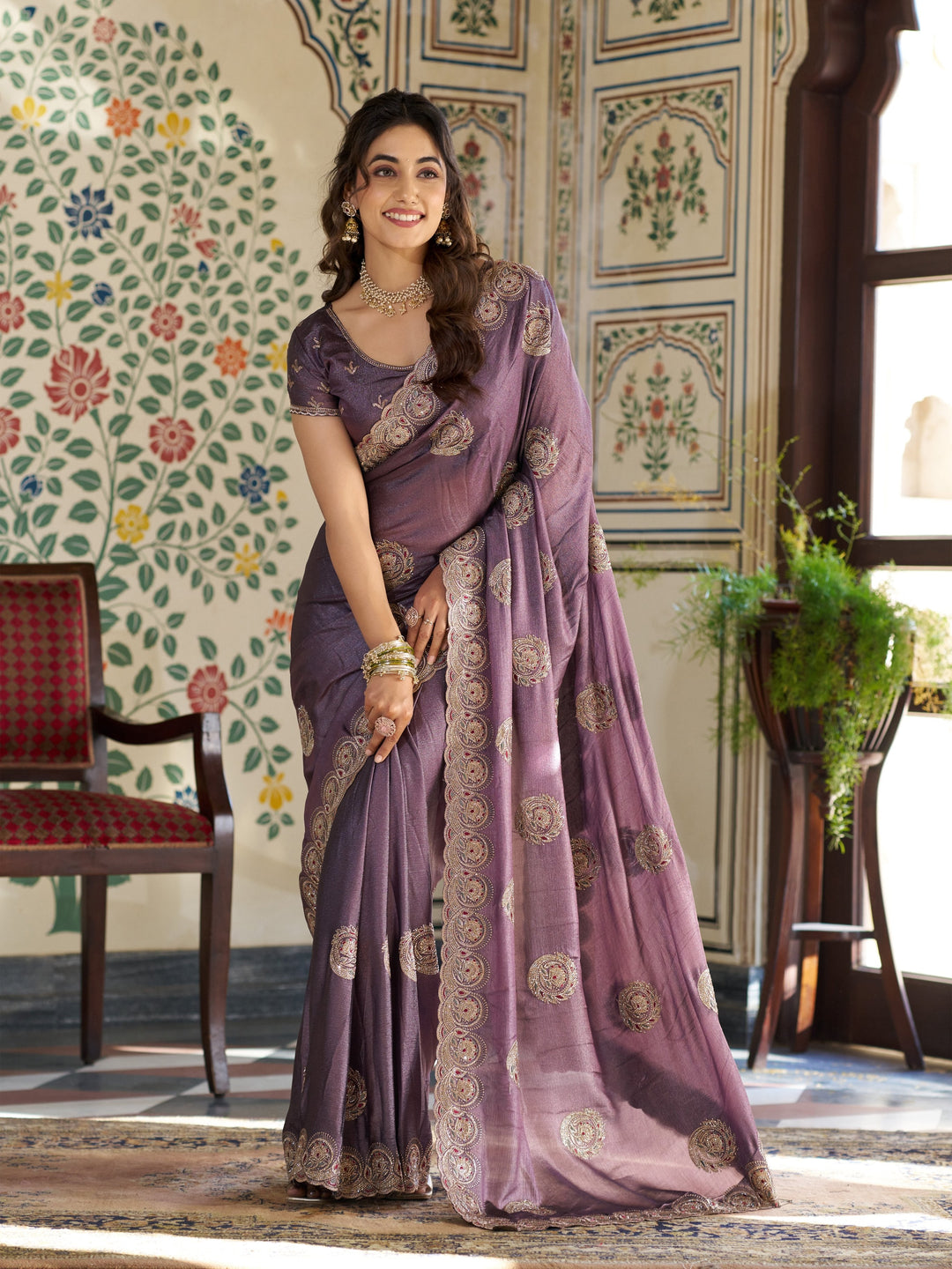 Dusty Mauve Fendy Satin Designer Saree with Zari Circular Motifs & Rich Embroidered Border | Elegant Party Wear Saree with Blouse