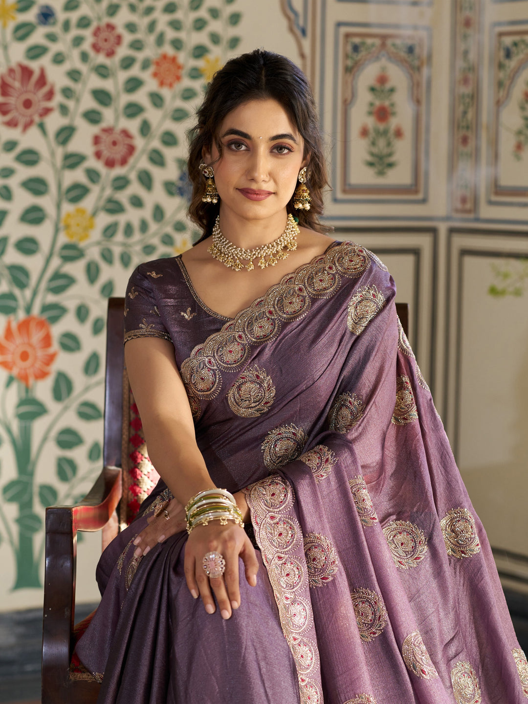 Dusty Mauve Fendy Satin Designer Saree with Zari Circular Motifs & Rich Embroidered Border | Elegant Party Wear Saree with Blouse