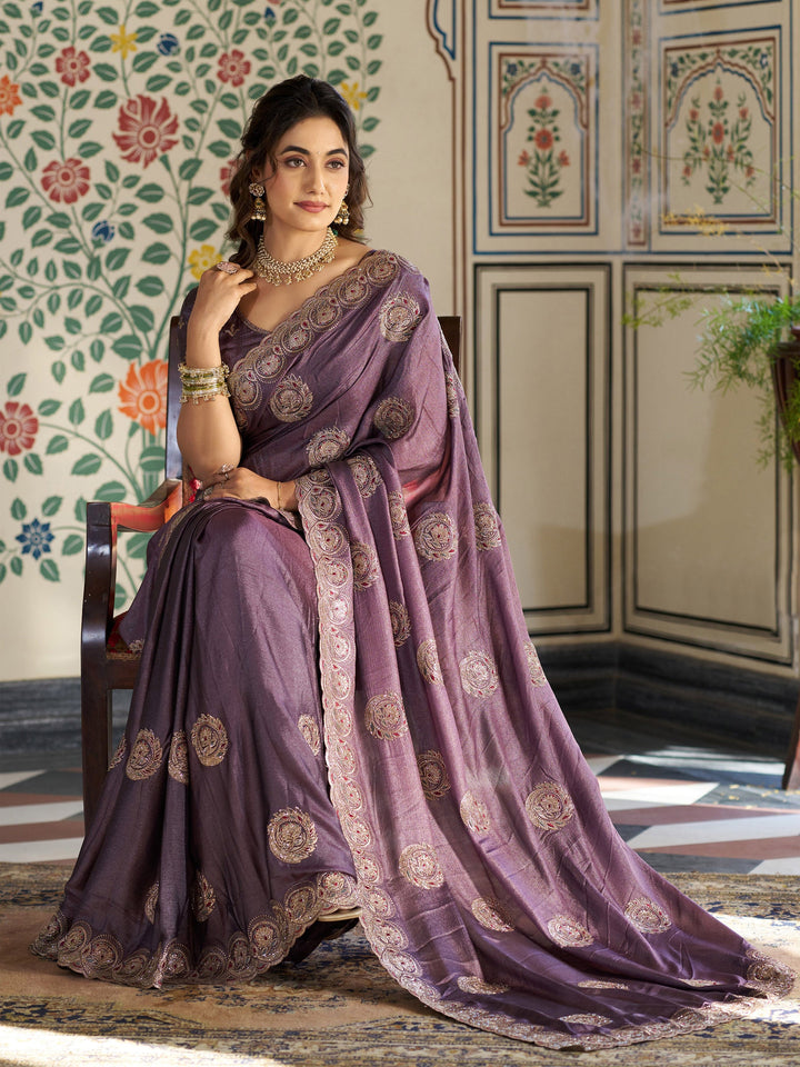 Dusty Mauve Fendy Satin Designer Saree with Zari Circular Motifs & Rich Embroidered Border | Elegant Party Wear Saree with Blouse