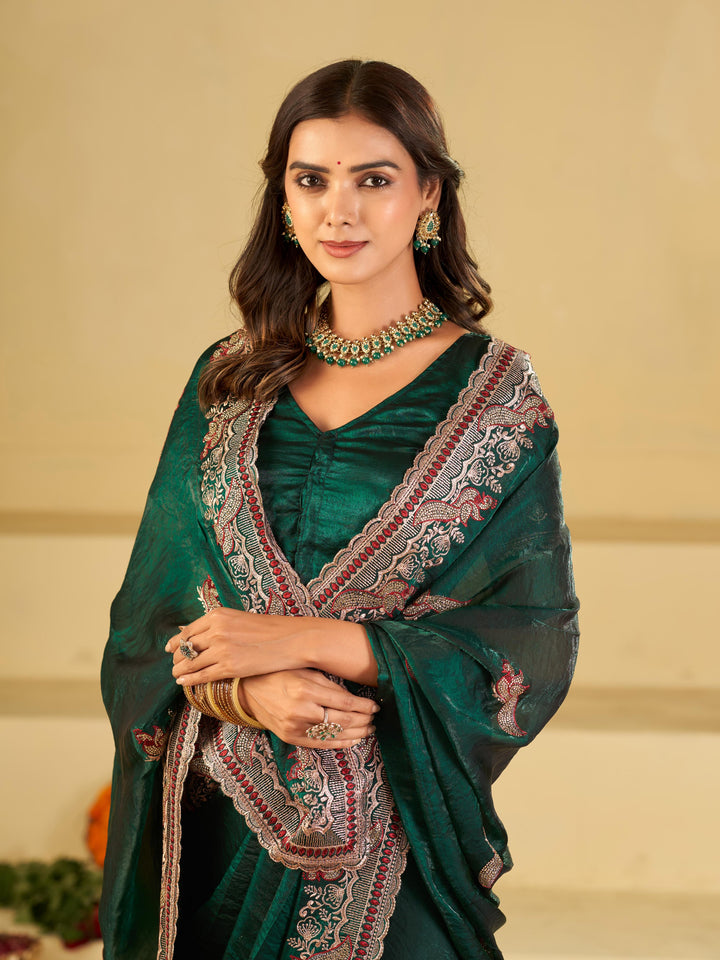 Emerald Green Designer Fendy Satin Saree with Heavy Embroidered Border | Premium Festive Party Wear Saree with Intricate Embroidery & Matching Blouse
