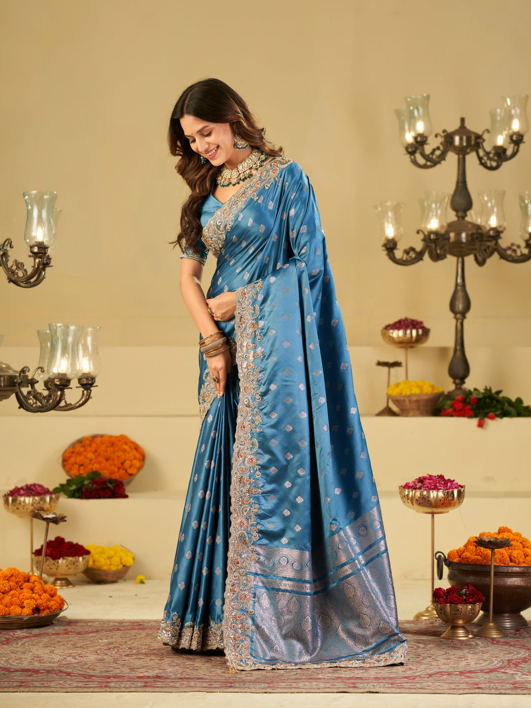 Steel Blue Banarasi Silk Saree with Heavy Embroidered Border & Rich Zari Woven Pallu | Designer Festive Wedding Saree