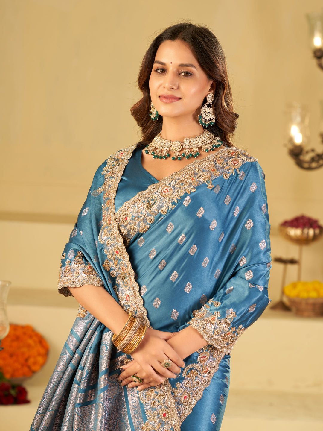 Steel Blue Banarasi Silk Saree with Heavy Embroidered Border & Rich Zari Woven Pallu | Designer Festive Wedding Saree