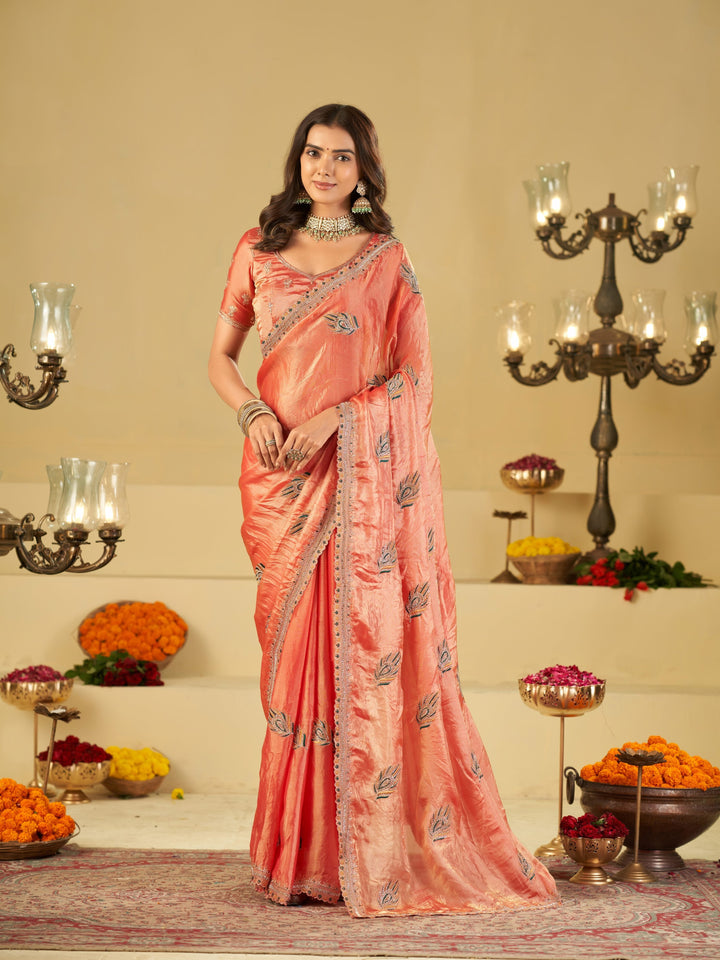 Peach Pink Designer Fendy Satin Saree with Embroidered Peacock Feather Motifs & Elegant Lace Border | Premium Festive Party Wear Saree
