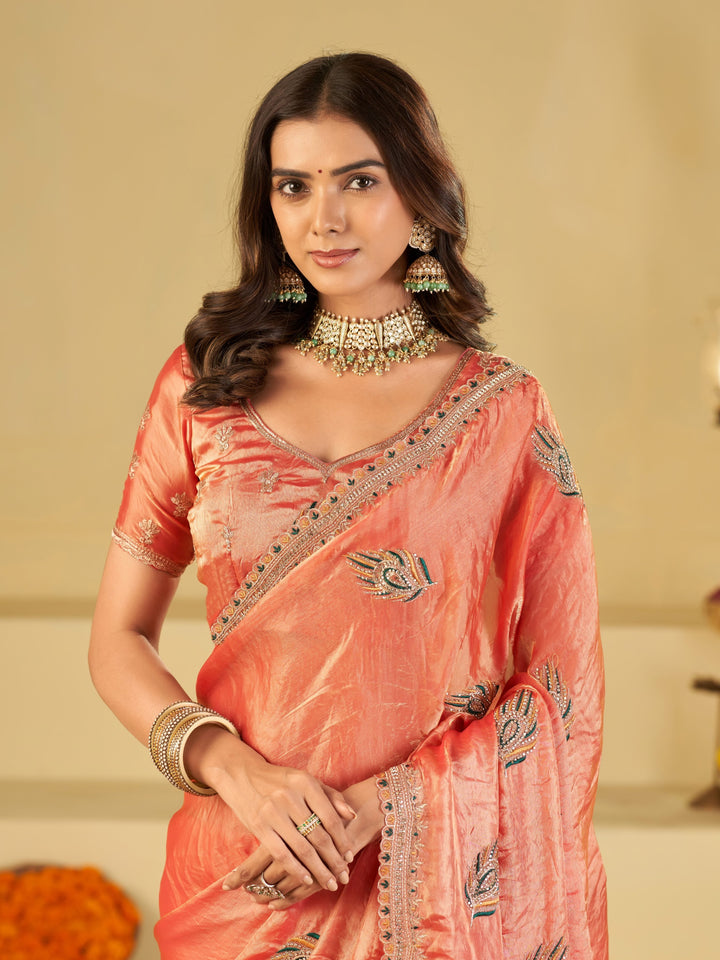 Peach Pink Designer Fendy Satin Saree with Embroidered Peacock Feather Motifs & Elegant Lace Border | Premium Festive Party Wear Saree