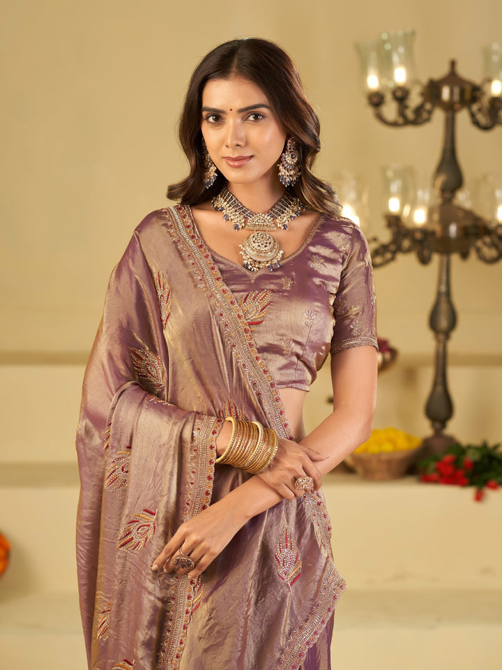 Lavender Designer Fendy Satin Saree with Embroidered Leaf Motifs & Elegant Lace Border | Premium Festive Party Wear Saree with Matching Blouse