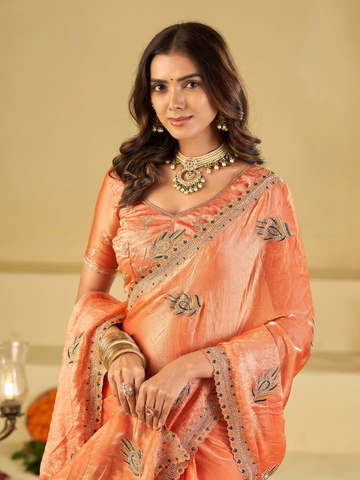 Peach Designer Fendy Satin Saree with Embroidered Leaf Motifs & Elegant Lace Border | Premium Festive Party Wear Saree with Matching Blouse