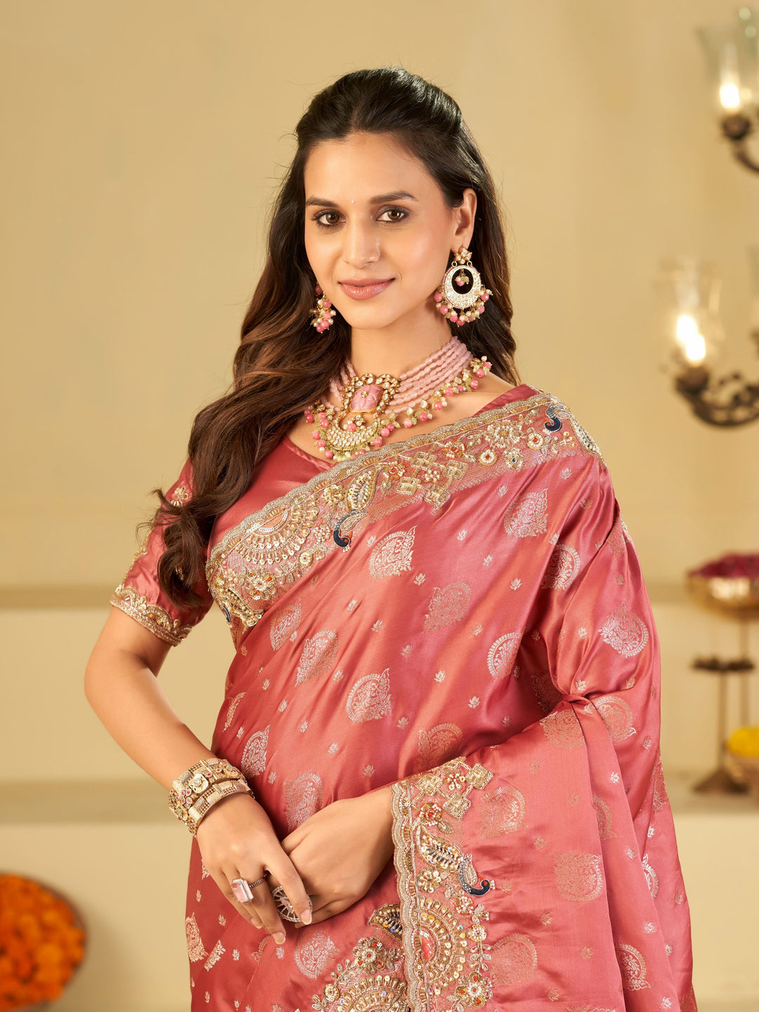 Rose Pink Banarasi Silk Saree with Heavy Embroidered Scallop Border & Rich Zari Woven Pallu | Designer Wedding Festive Saree