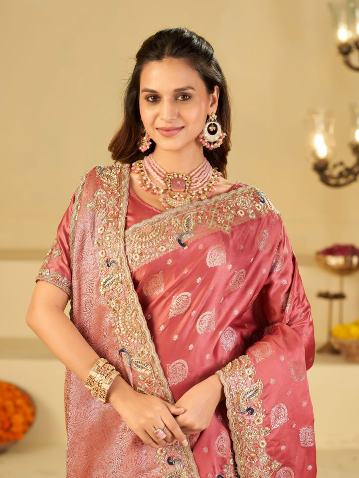 Rose Pink Banarasi Silk Saree with Heavy Embroidered Scallop Border & Rich Zari Woven Pallu | Designer Wedding Festive Saree