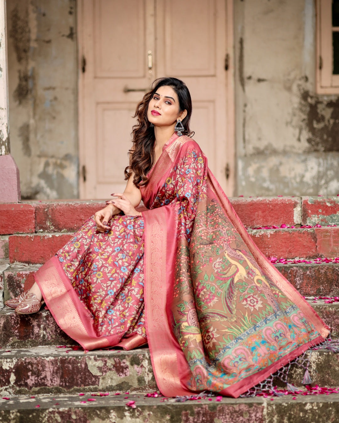 Rose Pink Tussar Silk Saree with Multicolour Floral Print, Zari Woven Border & Artistic Pallu
