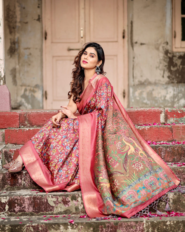 Rose Pink Tussar Silk Saree with Multicolour Floral Print, Zari Woven Border & Artistic Pallu