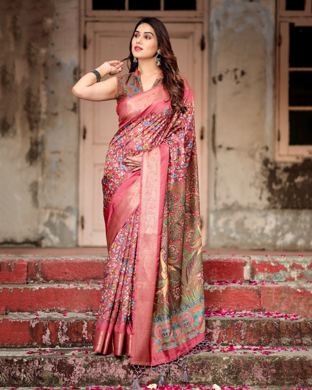 Rose Pink Tussar Silk Saree with Multicolour Floral Print, Zari Woven Border & Artistic Pallu