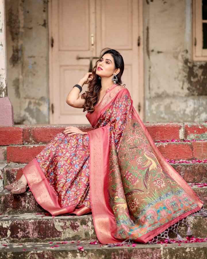 Rose Pink Tussar Silk Saree with Multicolour Floral Print, Zari Woven Border & Artistic Pallu
