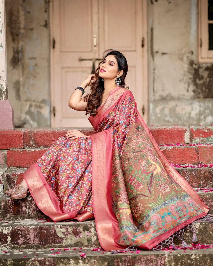 Rose Pink Tussar Silk Saree with Multicolour Floral Print, Zari Woven Border & Artistic Pallu