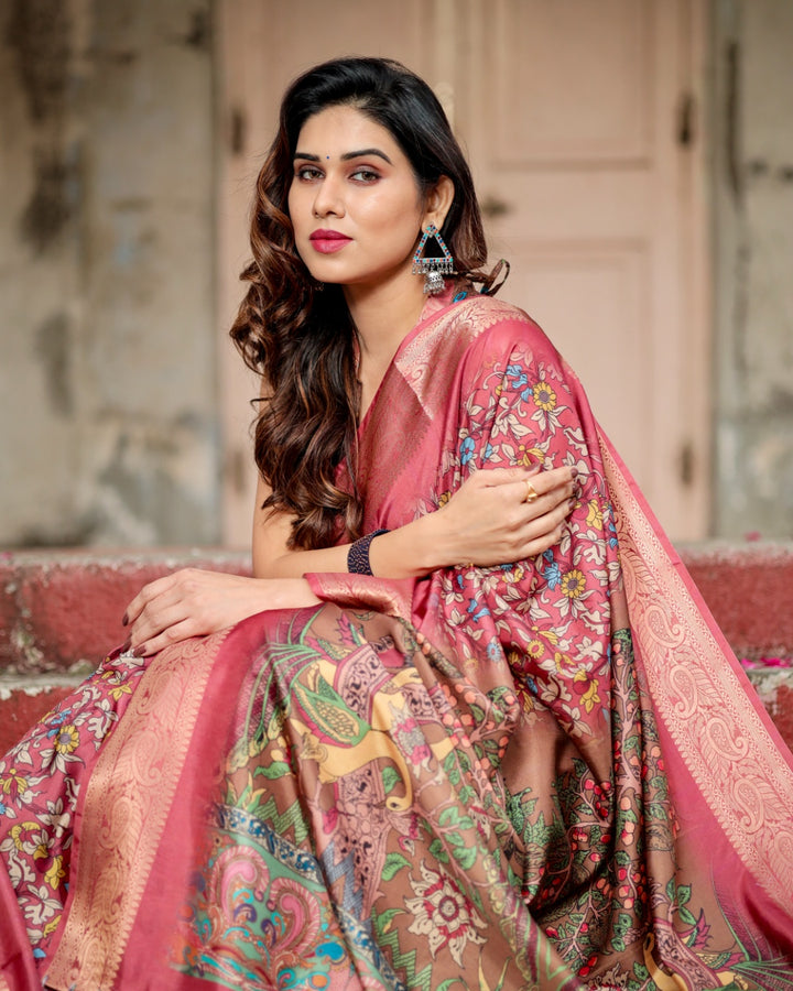 Rose Pink Tussar Silk Saree with Multicolour Floral Print, Zari Woven Border & Artistic Pallu