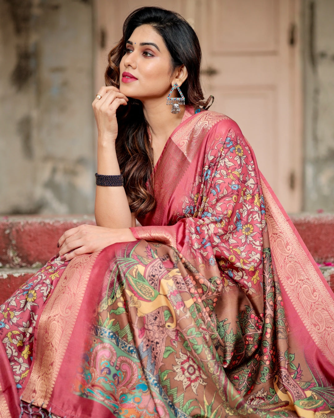 Rose Pink Tussar Silk Saree with Multicolour Floral Print, Zari Woven Border & Artistic Pallu