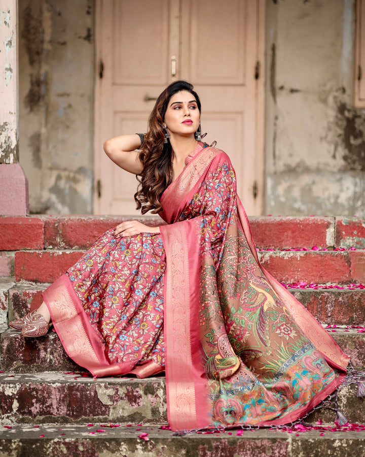 Rose Pink Tussar Silk Saree with Multicolour Floral Print, Zari Woven Border & Artistic Pallu