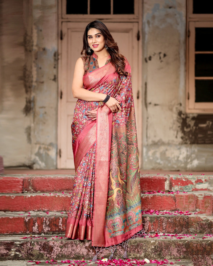 Rose Pink Tussar Silk Saree with Multicolour Floral Print, Zari Woven Border & Artistic Pallu