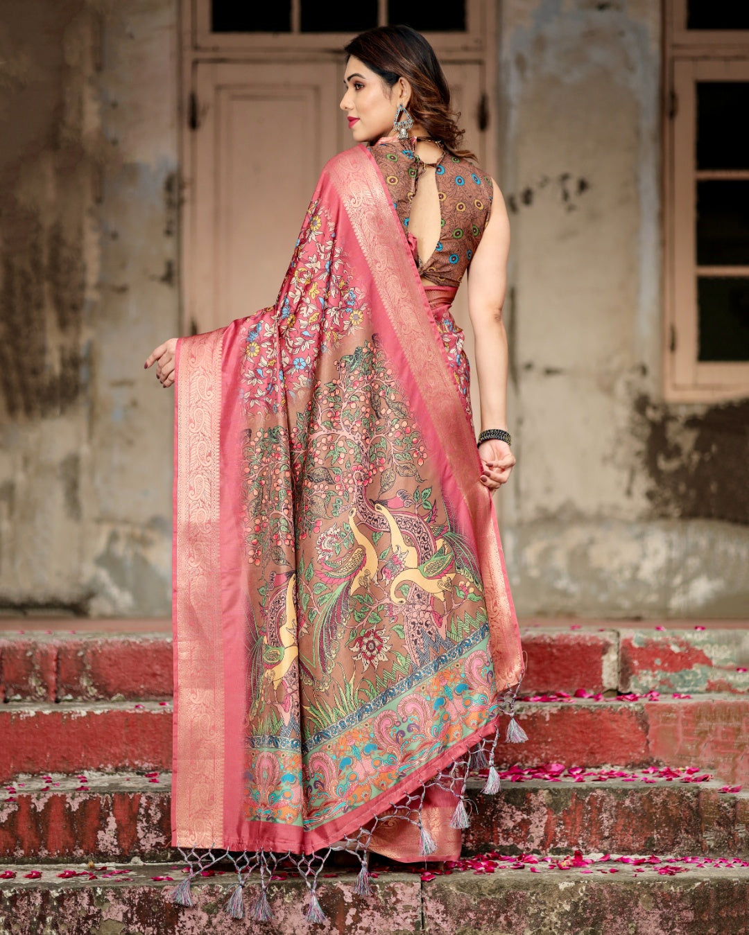 Rose Pink Tussar Silk Saree with Multicolour Floral Print, Zari Woven Border & Artistic Pallu