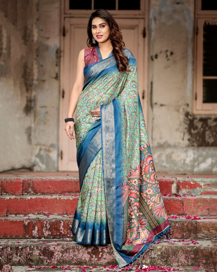 Mint Green Tussar Silk Saree with Kalamkari Floral Print, Royal Blue Zari Border & Artistic Pallu