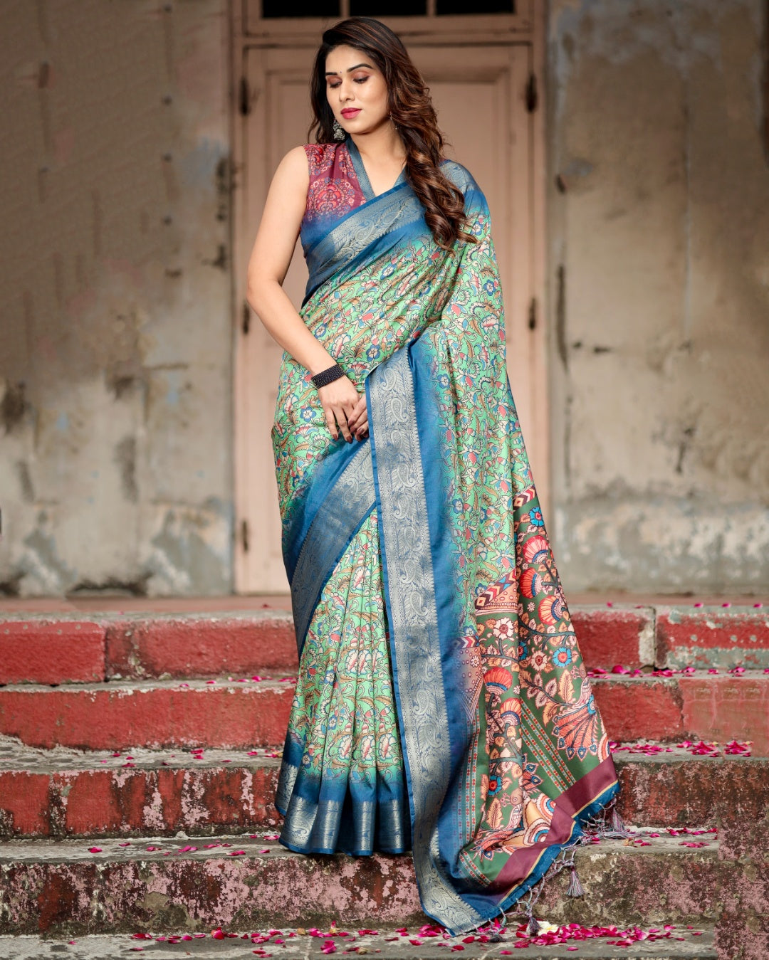 Mint Green Tussar Silk Saree with Kalamkari Floral Print, Royal Blue Zari Border & Artistic Pallu
