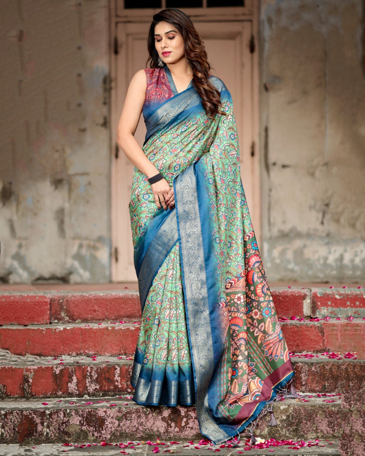 Mint Green Tussar Silk Saree with Kalamkari Floral Print, Royal Blue Zari Border & Artistic Pallu