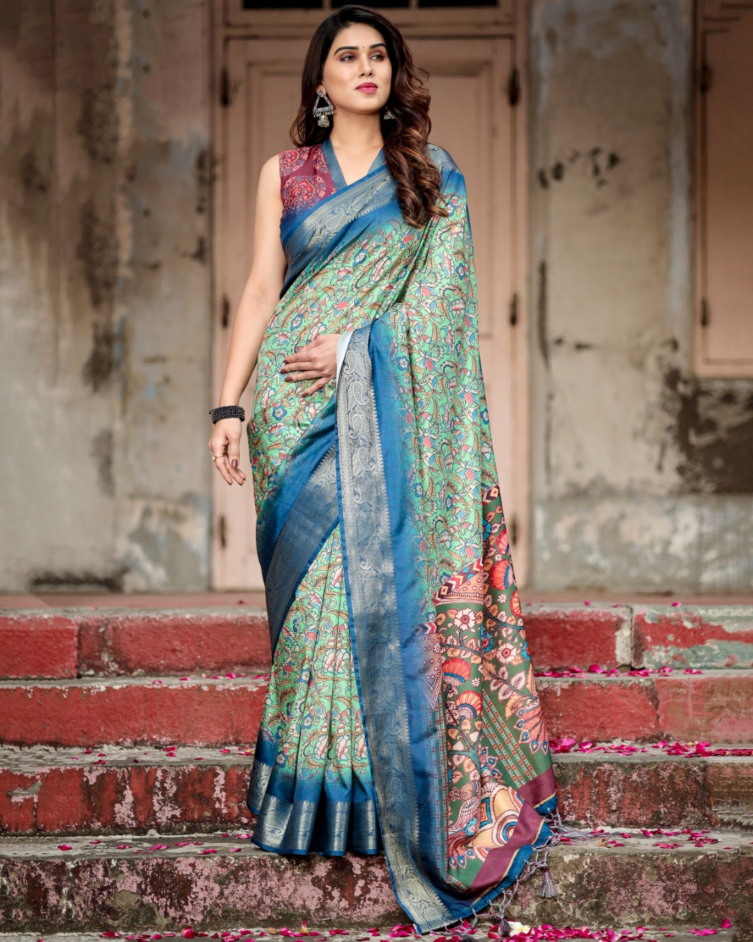 Mint Green Tussar Silk Saree with Kalamkari Floral Print, Royal Blue Zari Border & Artistic Pallu