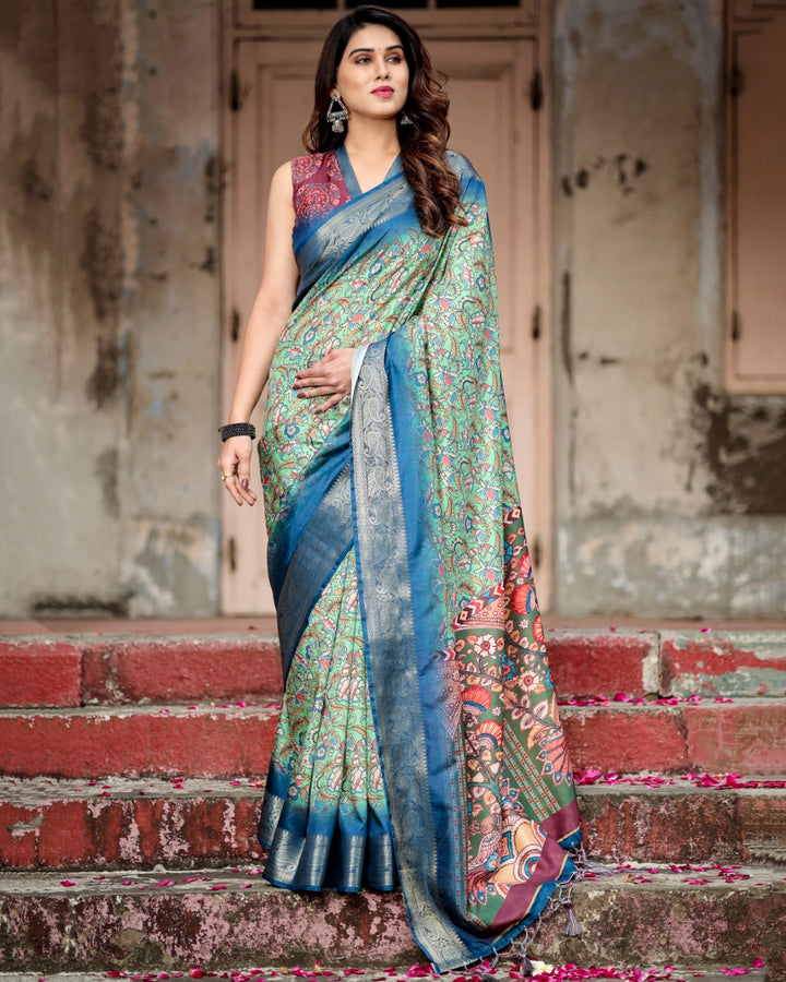 Mint Green Tussar Silk Saree with Kalamkari Floral Print, Royal Blue Zari Border & Artistic Pallu