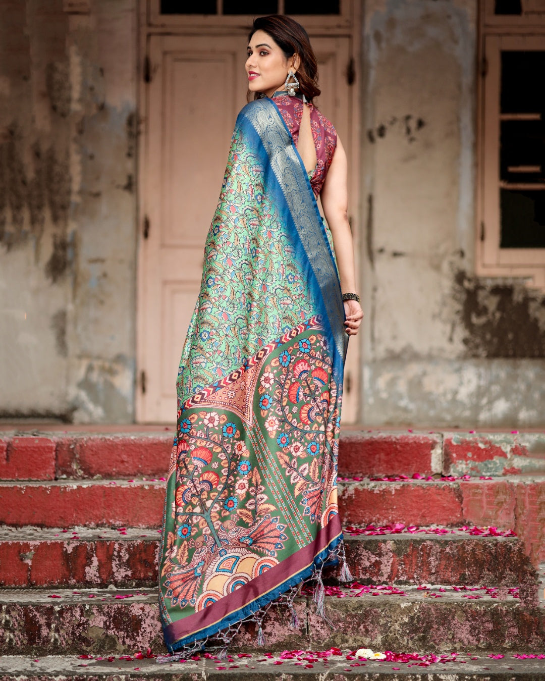 Mint Green Tussar Silk Saree with Kalamkari Floral Print, Royal Blue Zari Border & Artistic Pallu