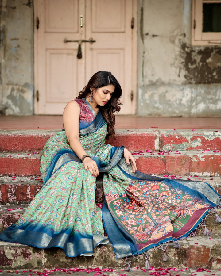Mint Green Tussar Silk Saree with Kalamkari Floral Print, Royal Blue Zari Border & Artistic Pallu