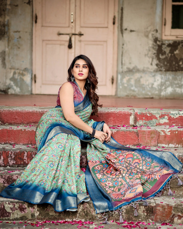 Mint Green Tussar Silk Saree with Kalamkari Floral Print, Royal Blue Zari Border & Artistic Pallu