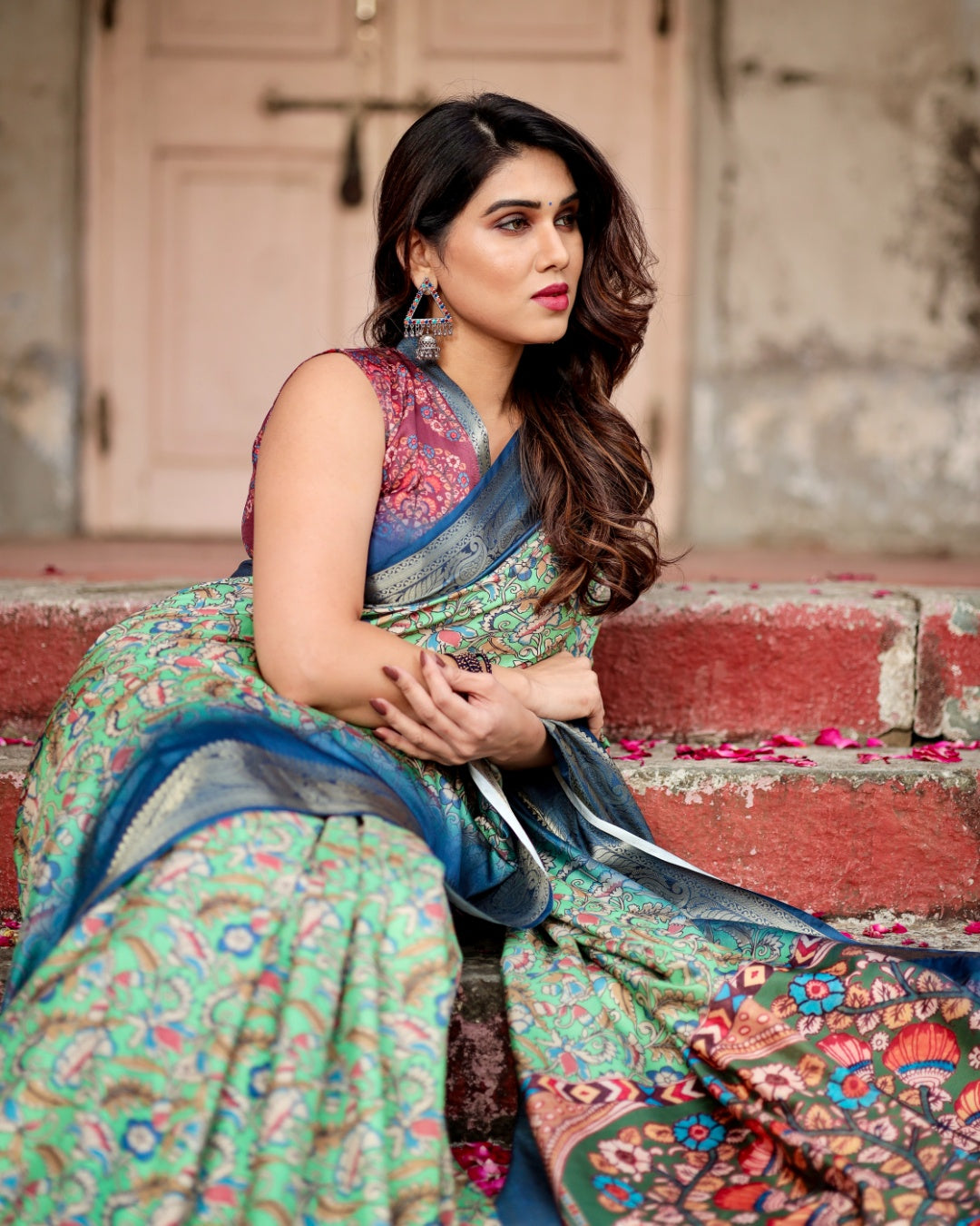 Mint Green Tussar Silk Saree with Kalamkari Floral Print, Royal Blue Zari Border & Artistic Pallu