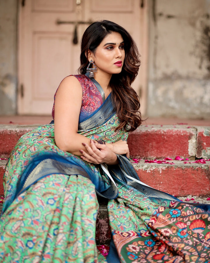 Mint Green Tussar Silk Saree with Kalamkari Floral Print, Royal Blue Zari Border & Artistic Pallu