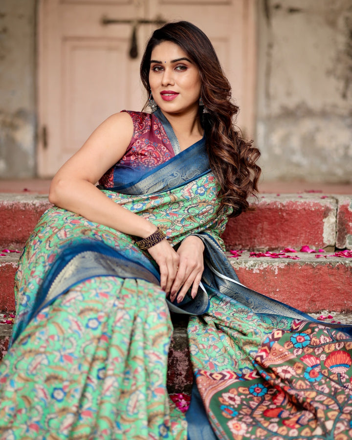Mint Green Tussar Silk Saree with Kalamkari Floral Print, Royal Blue Zari Border & Artistic Pallu