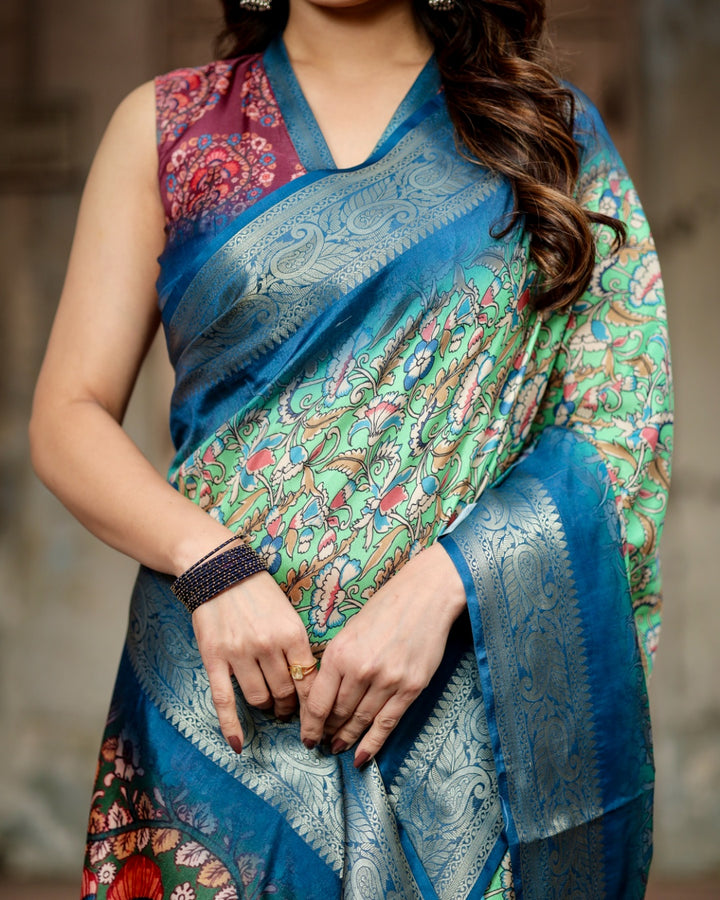 Mint Green Tussar Silk Saree with Kalamkari Floral Print, Royal Blue Zari Border & Artistic Pallu