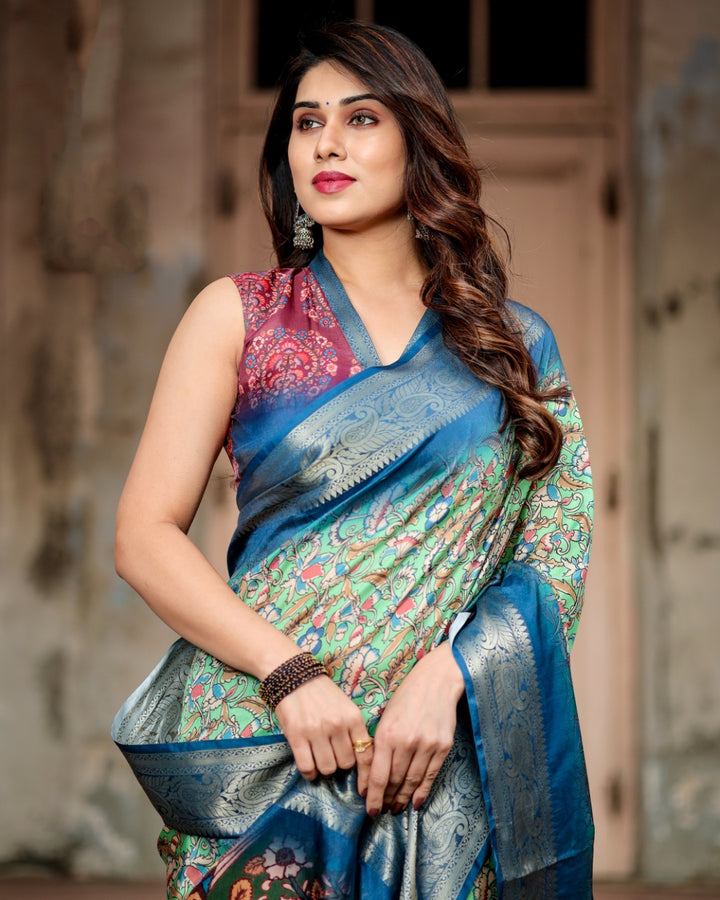 Mint Green Tussar Silk Saree with Kalamkari Floral Print, Royal Blue Zari Border & Artistic Pallu