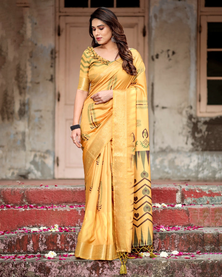 Mustard Yellow Tussar Silk Saree with Minimal Botanical Print, Golden Zari Border & Geometric Pallu