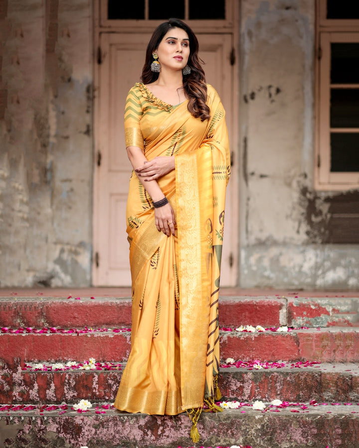 Mustard Yellow Tussar Silk Saree with Minimal Botanical Print, Golden Zari Border & Geometric Pallu