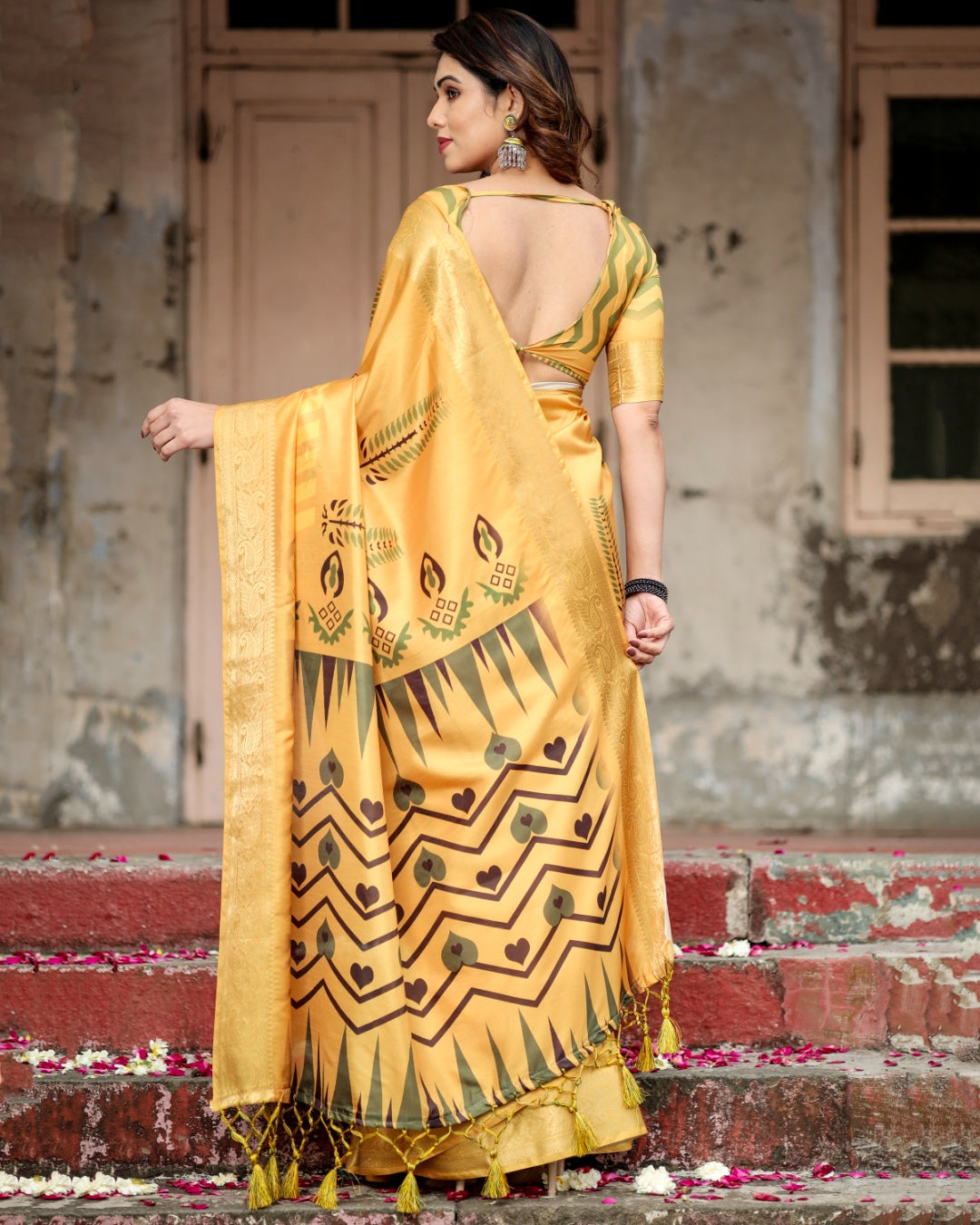 Mustard Yellow Tussar Silk Saree with Minimal Botanical Print, Golden Zari Border & Geometric Pallu