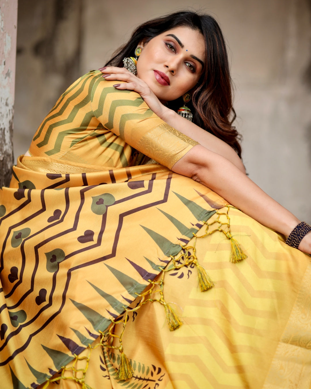 Mustard Yellow Tussar Silk Saree with Minimal Botanical Print, Golden Zari Border & Geometric Pallu