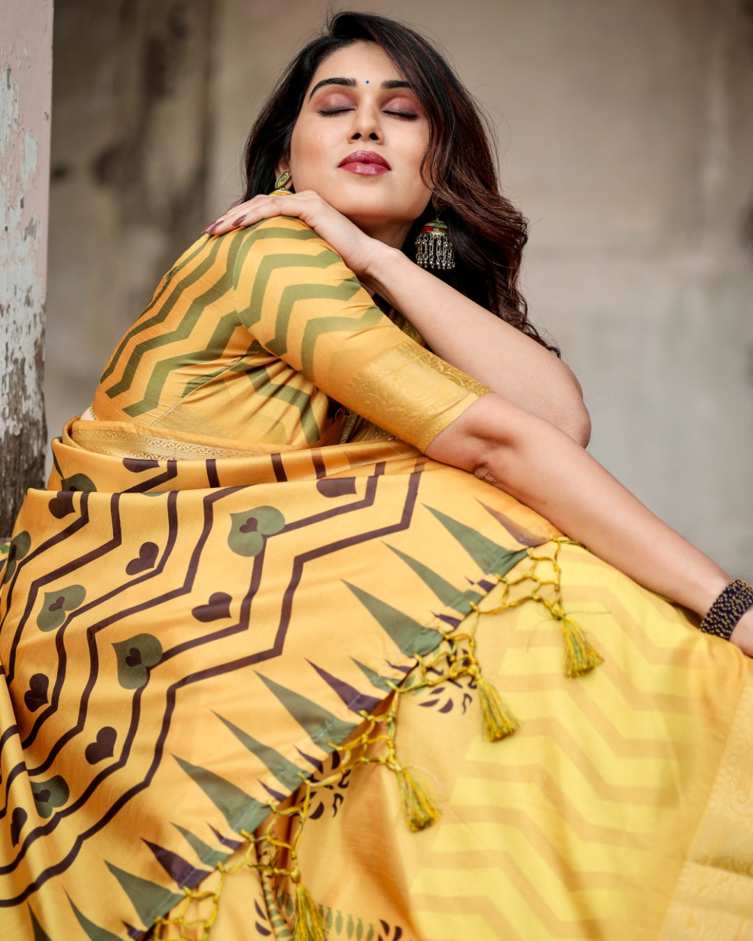 Mustard Yellow Tussar Silk Saree with Minimal Botanical Print, Golden Zari Border & Geometric Pallu