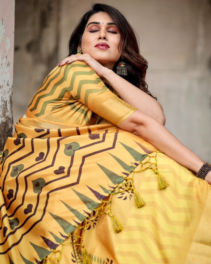Mustard Yellow Tussar Silk Saree with Minimal Botanical Print, Golden Zari Border & Geometric Pallu