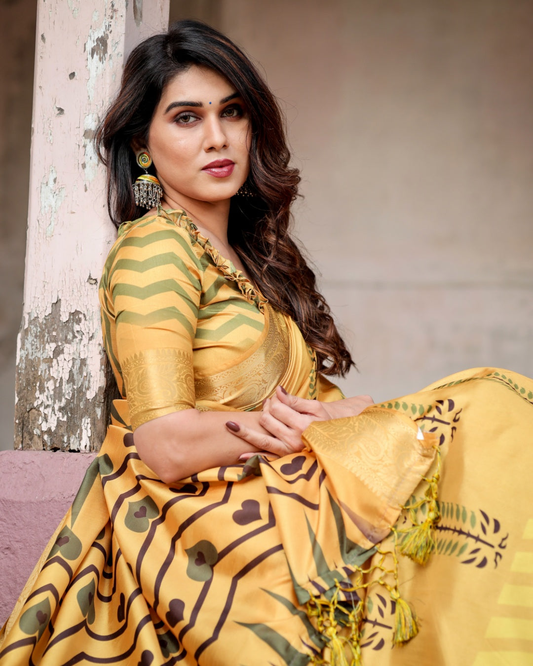 Mustard Yellow Tussar Silk Saree with Minimal Botanical Print, Golden Zari Border & Geometric Pallu